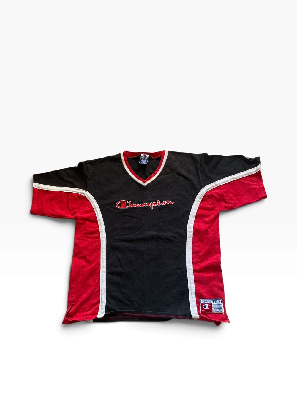 Vtg 90s Champion shooting shirt v-neck T-shirt black and red size large